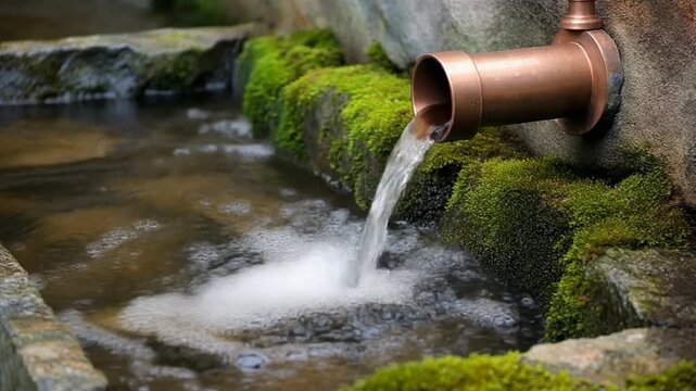 銅管から苔の石樋に注ぐ水 シームレスループ動画背景 16:9 4K