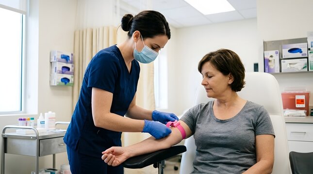 Professional female nurse in blue scrubs and face mask applying pink tourniquet on female patient arm for blood draw or clinical test in modern hospital office or medical clinic setting