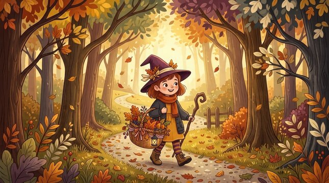 A charming illustration of a little witch wandering through a vibrant autumnal forest on halloween night