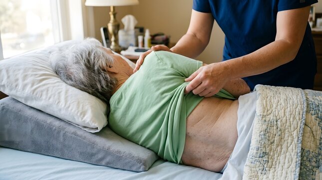 Professional caregiver in blue scrubs examining an elderly woman's back while she lies on a bed, providing healthcare assistance and monitoring skin condition in a nursing home or at home care