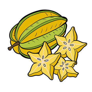 Cute cartoon starfruit whole and slices fresh tropical carambola fruit star shape illustration isolated on transparent background