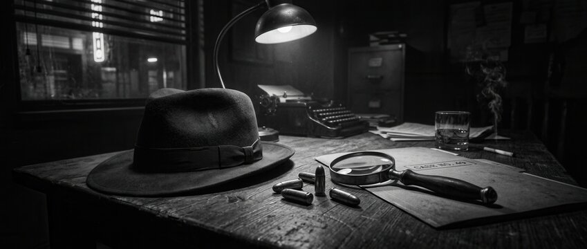 Vintage Detective Office Scene Fedora Hat Typewriter Magnifying Glass Bullets and Whiskey on Desk