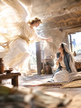 Angel Gabriel Appears to Young Mary in Ancient Room, Announcing Divine Intervention and Prophecy.