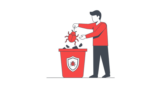Computer Bug Removal and Software Debugging Concept Illustration with Shield Protection Icon