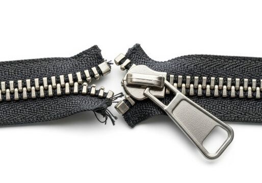 Broken zipper on white background showing detail of metal teeth and pull tab, emphasizing malfunction and repair needs.