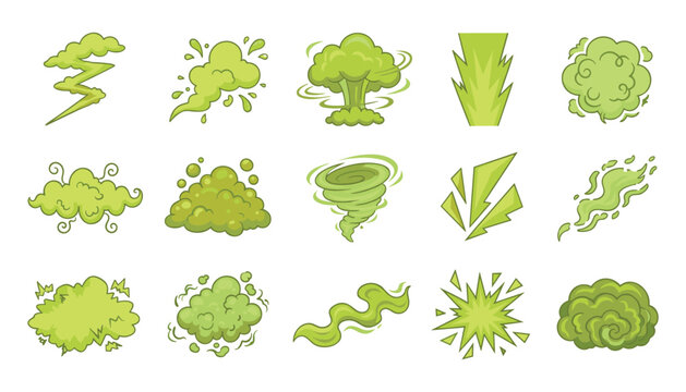 Green toxic gas clouds vector set featuring smelly smoke clouds bad odor puffs and chemical explosion effects on white background