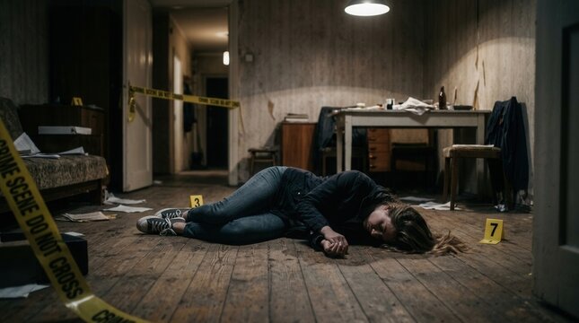 Unconscious Woman Lying on Floor in Grungy Room Crime Scene Tape and Evidence Markers