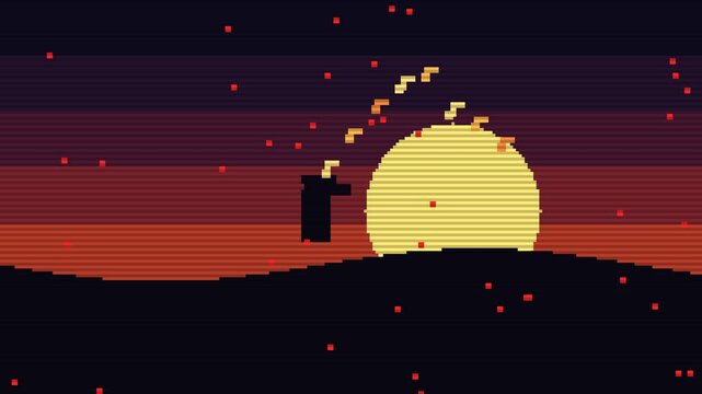 Pixel Art Silhouette of Bugler Playing Taps Against Sunset Sky with Seamless Loop, Retro Gaming Style Content