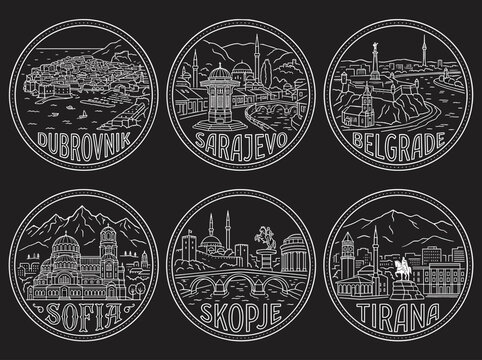 Balkan Capital City Monoline Badge Collection with Dubrovnik Sarajevo Belgrade Sofia Skopje and Tirana Skylines Vector