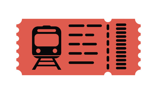 Train Ticket. A simple, flat design illustration of a train ticket in red, featuring a stylized train icon and perforated edges, representing travel and transport.