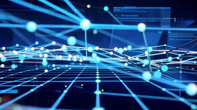 Abstract network nodes connecting across digital cityscape during futuristic technology concept development