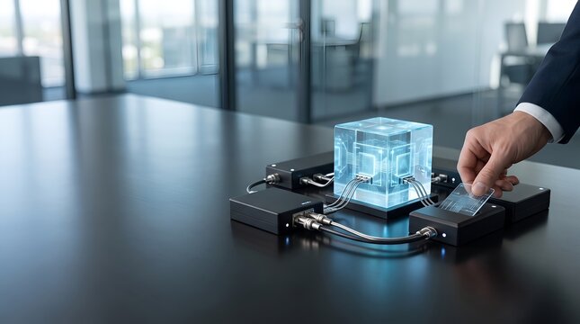 Corporate executive hand inserting transparent smart card into reader connected to glowing holographic artificial intelligence processor cube.
