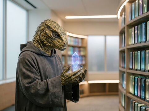 Reptilian humanoid in hooded robe holds a glowing crystal in a modern library setting ideal for fantasy fiction concepts