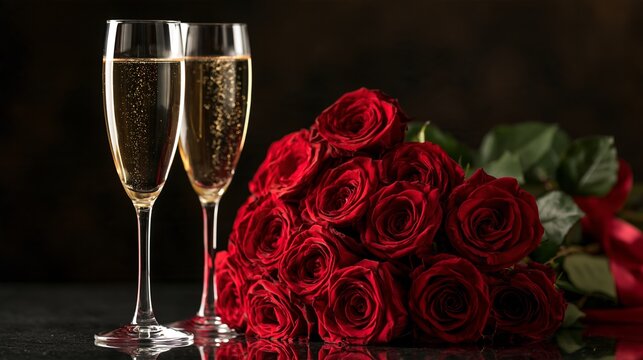 Valentine's Day celebration with champagne flutes and red roses bouquet on reflective surface Generative AI