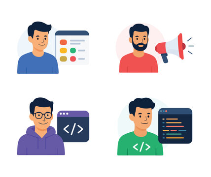 IT professional avatar set including web designer, digital marketer with megaphone, software developer, and programmer with code screen vector illustration isolated on white background