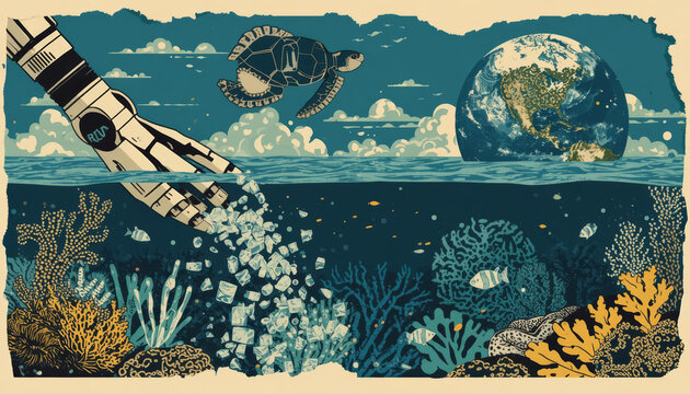 Artificial Intelligence and Environmental Impact Concept, Cybernetic Hand Dropping Waste into Coral Reef Ecosystem with Earth View
