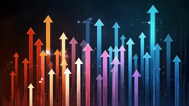Abstract rising arrows in vibrant gradient light during financial growth against dark background