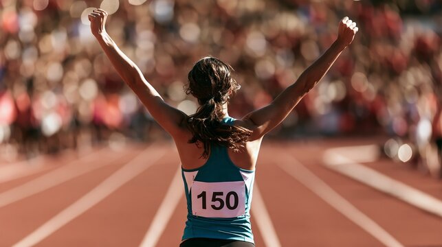 Female runner celebrates victory with raised arms on stadium track after finishing race Generative AI