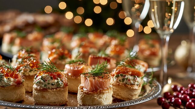 Festive Christmas canapes on silver trays arranged on a holiday party table for catering banner Generative AI