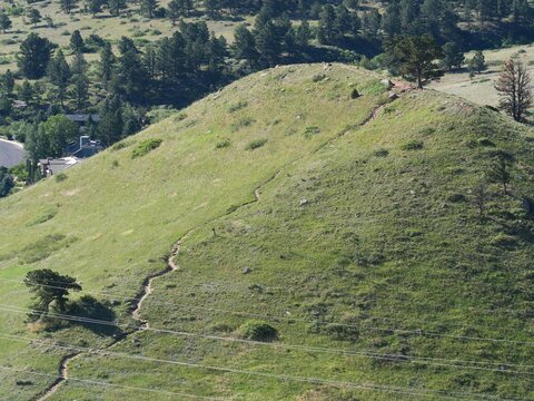Hiking trail winding up a green hillside in Boulder Colorado foothills