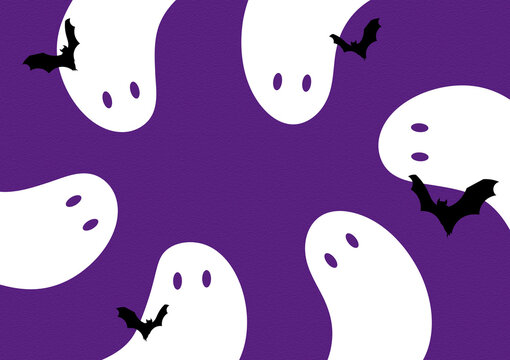 Minimalist Purple Halloween Pattern with White Ghosts and Black Bats