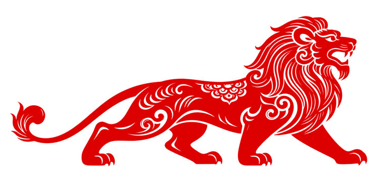 Lion dance with ornaments on transparent background