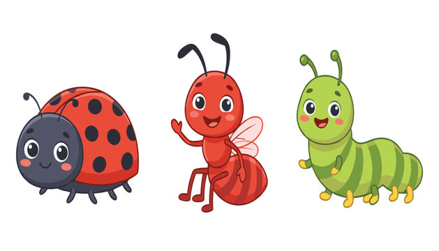  Cute cartoon insect characters vector set featuring a friendly ladybug smiling ant and happy caterpillar isolated on white background