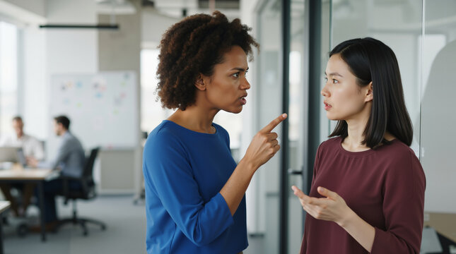 Businesswomen having a conflict in the office. Two female colleagues arguing and pointing fingers during a tense professional disagreement