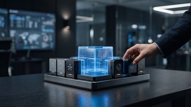 Security specialist hand selecting biometric module icon around glowing holographic core cube symbolizing advanced network cybersecurity architecture.