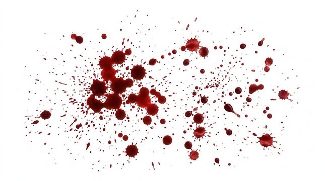 Red Blood Splatter and Drops on White Background Abstract Medical or Horror Concept