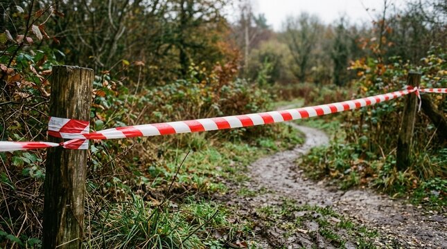 Restricted Area Red and White Barrier Tape Blocks Forest Path Nature Exclusion Zone