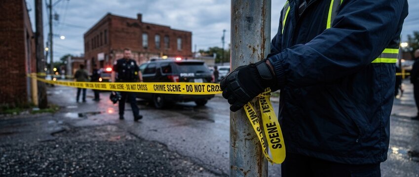 Police tape cordons off crime scene with officers and patrol car in background during evening hours