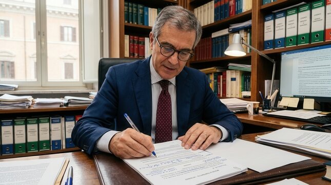 Professional businessman in suit writing document at desk in office bookshelves background legal law research study work office lawyer