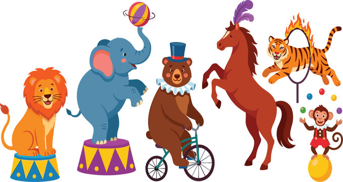  Cute cartoon circus animals set featuring elephant balancing ball bear riding bicycle lion tiger jumping through fire hoop