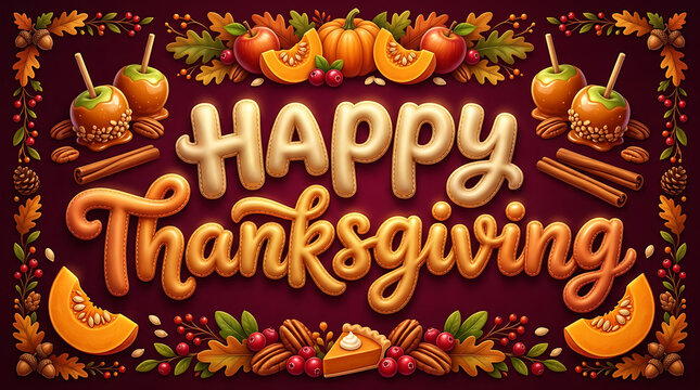 Festive Thanksgiving celebration with pumpkin pies, caramel apples, nuts, and autumnal garnishes on a rich decorative banner
