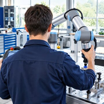 Technician guides cobot arm to teach a path in a bright workshop setting during daylight