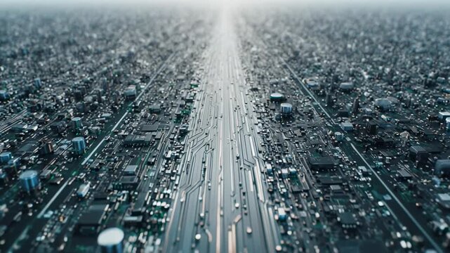 Aerial view of sprawling urban cityscape with traffic flow during daylight cinematic motion