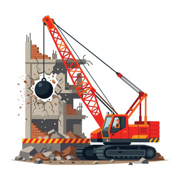 Construction Crane with Wrecking Ball Demolishing Old Building, Flat Vector Illustration of Urban Renewal and Site Clearance