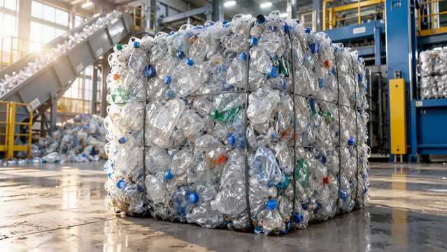 Baled and Compressed PET Plastic Bottles Ready for Recycling Inside Modern Industrial Waste Management and Processing Plant Facility