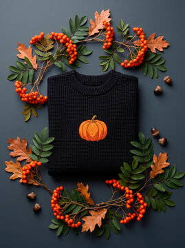 Black knitted sweater with embroidered pumpkin surrounded by autumn leaves, rowan berries and chestnuts on dark background [copy space]
