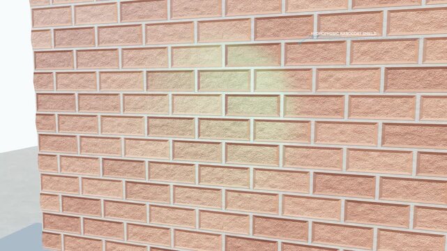 3D animation demonstrating a hydrophobic anti-graffiti nanocoating on a brick wall, illustrating the Cassie-Baxter contact angle and zero capillary absorption repelling spray paint