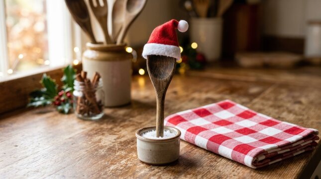 Wooden spoon wearing small santa hat beside checkered cloth towel