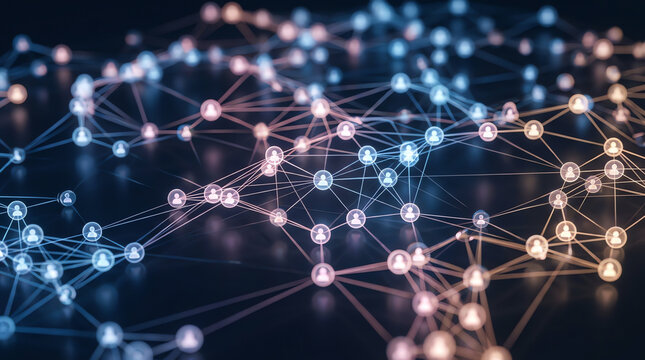Abstract network of interconnected nodes and lines representing digital connectivity and big