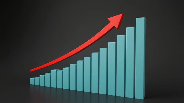 Bar chart growing steadily with rising red arrow against dark background cinematic motion