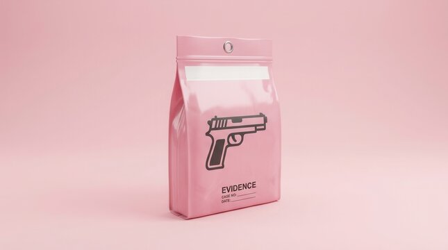 Pink Evidence Bag with Handgun Silhouette and Text Crime Scene Concept