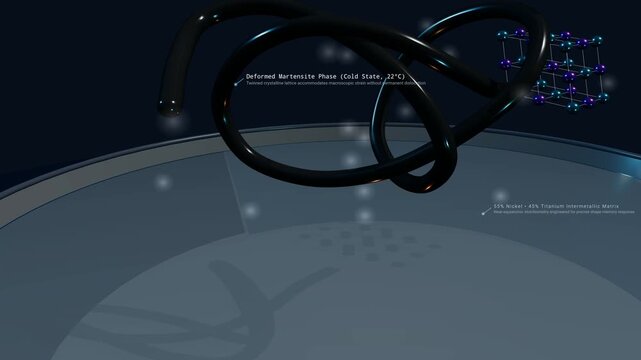 3D animation of Nitinol shape memory alloy demonstrating martensite to austenite phase transformation when a deformed wire is immersed in hot water and instantly regains its straight shape