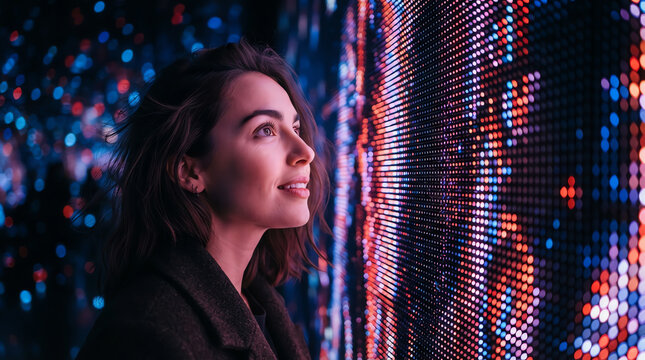 Young woman looking at large digital screen with glowing abstract colorful lights