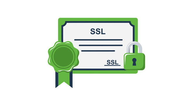 SSL Certificate Digital Icon with Green Padlock and Seal for Web Security and Data Protection