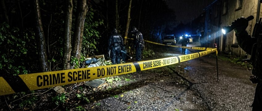 Nighttime crime scene investigation with yellow police tape forensic officers and flashing lights in a dark wooded area
