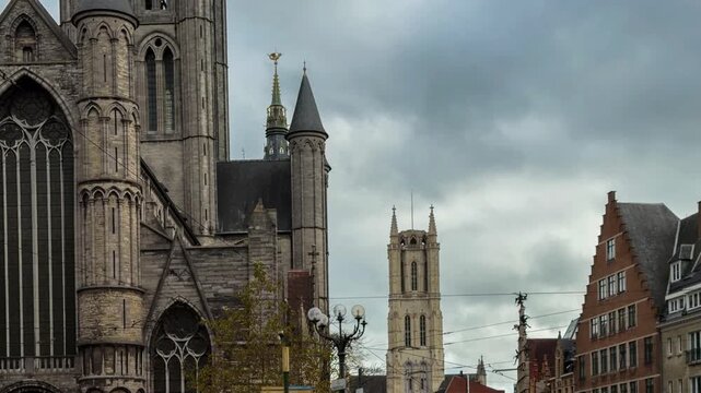 Medieval architecture on the autumn streets of the historic center of Ghent, Flanders, Belgium, October 22, 2025. High quality 4k footage